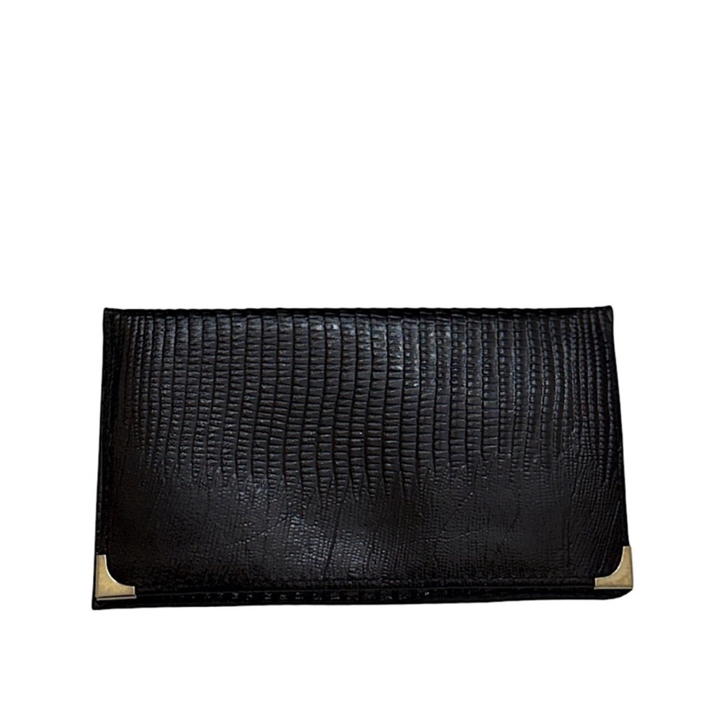 LIZARD - BLACK EMBOSSED LIZARD SKIN LEATHER LONG BIFOLD WALLET WITH GOLD EDGES
